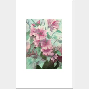 Pink hollyhocks watercolour painting Posters and Art